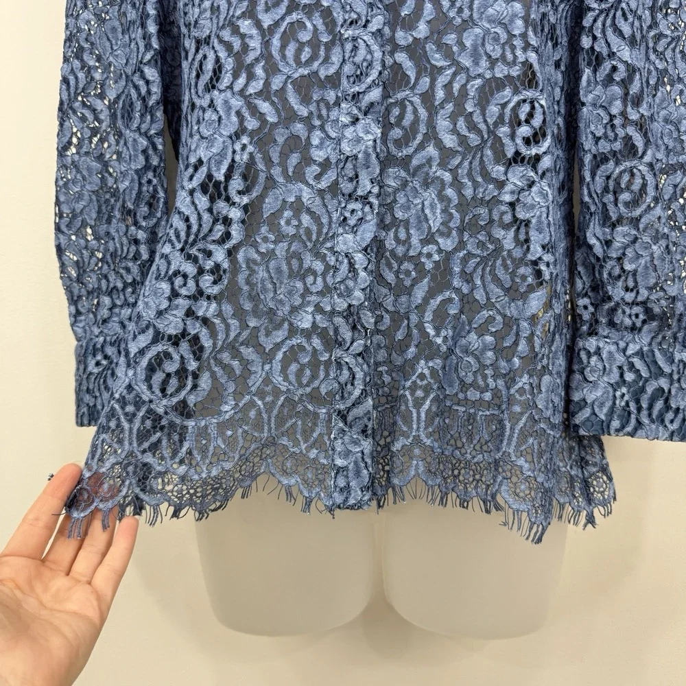 L'Agence Andrea Lace Button Front Blouse S Blue Sheer Feminine Dainty